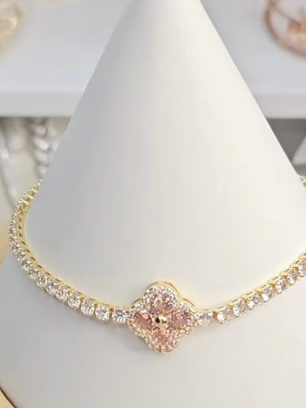 Stainless steel gold plating pink clover cz bracelet